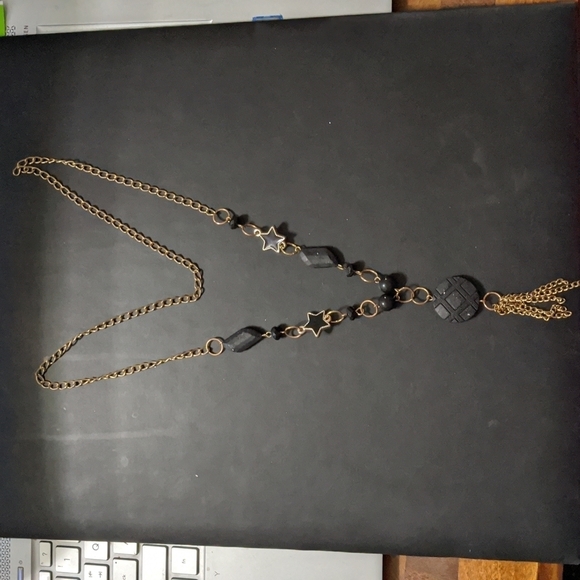 Gold Tone Black Beads Stars Dangle Statement Necklace - Picture 1 of 3